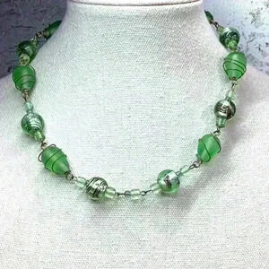 Vintage Green Glass Bead Necklace - Wire Wrapped with Foil Glass Beads